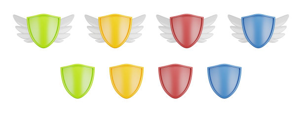 3D塑料盾套，安全徽章套件，彩色渲染卡通安全保险标签前视图。图片下载