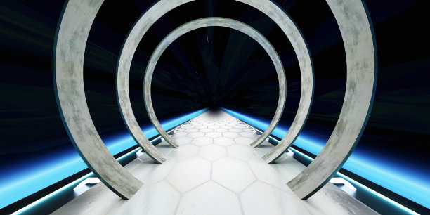 超级高铁管道技术平台现代霓虹灯展厅激光灯光场景科幻3D插图图片下载