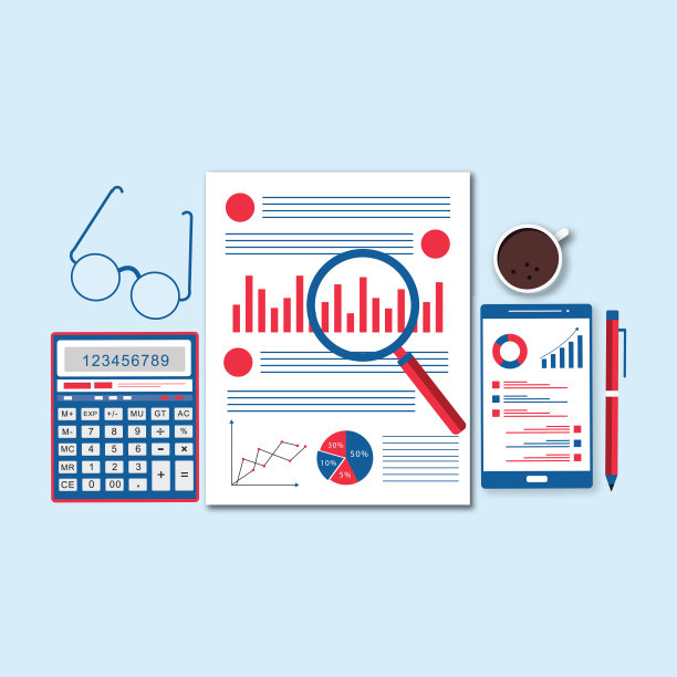 会计、记账概念。财务审计、风险管理、数据分析、市场调研。桌上有信用卡，计算器，现金硬币，咖啡杯，铅笔和有图表的记事本图片下载