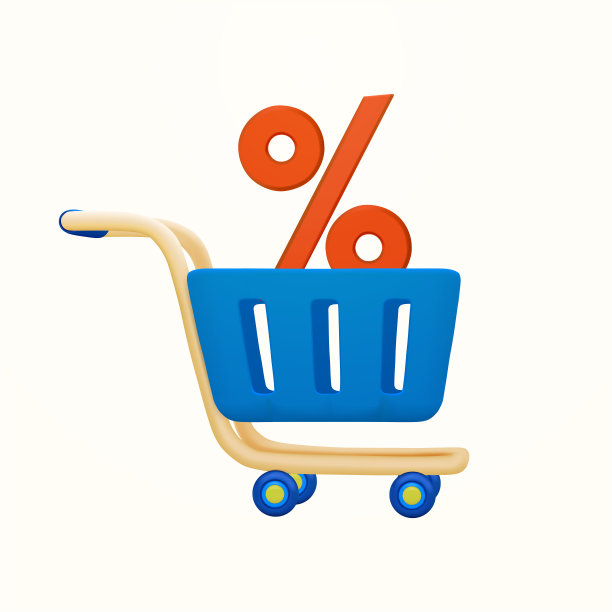3d红色百分比符号在蓝色购物车。超市购物车的大红色百分比标志和一个销售标签。折扣销售。三维矢量插图图片下载