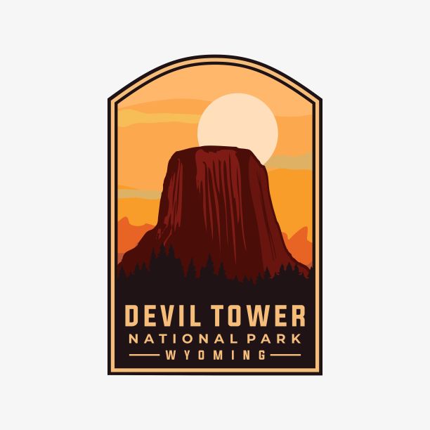 魔鬼塔国家公园矢量模板。怀俄明州标志性的标志补丁风格的插图。图片下载