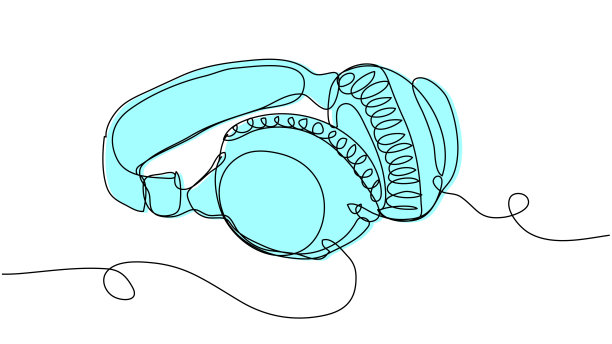 蓝色大耳机在白色背景上排成一行。图片下载