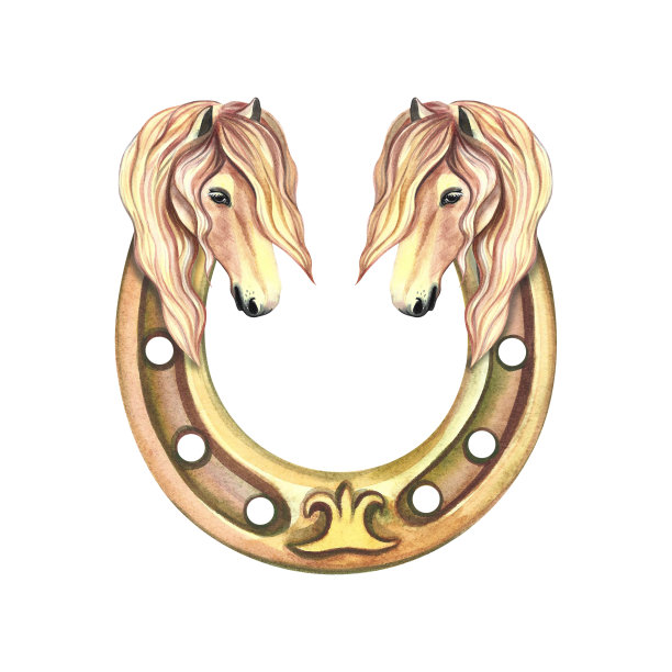 金马蹄铁上装饰着马的肖像，是一匹美丽的母马。水彩手工制作的。用于印刷，贴纸图片下载