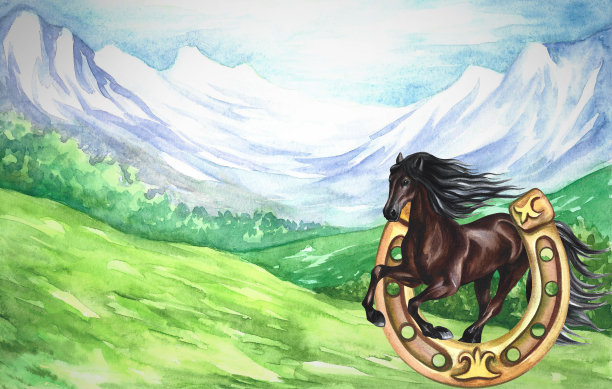 奔跑的棕色骏马在山景的背景下。手水彩。用于印刷、不干胶和标签。图片下载