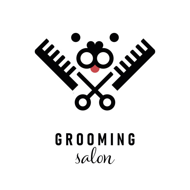 狗梳理毛发。宠物造型和美容店，美发沙龙，宠物店的标志为狗。剪切的动物图片下载