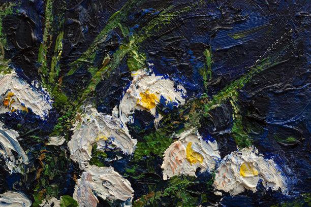 白色的雪花莲插在蓝色的花瓶里。原画布面油画30x40厘米。片段。近距离图片下载