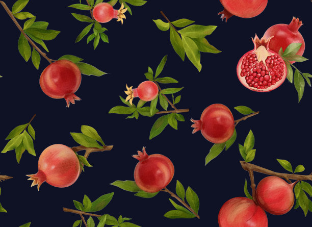 无缝模式与石榴水果和种子在黑暗的背景。带有花卉元素的纹理图片下载