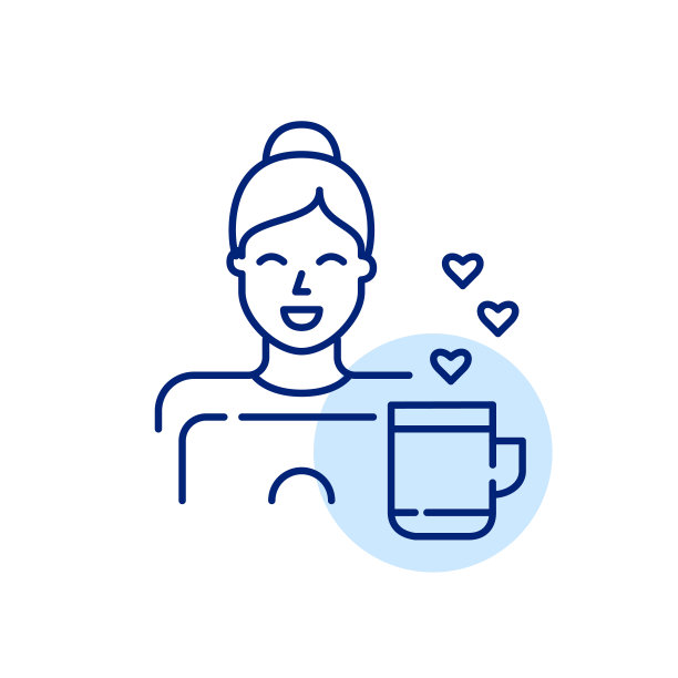 微笑的女孩工作在她的笔记本电脑与咖啡杯。家庭办公室远程工作。像素完美，可编辑的笔画线图标图片下载