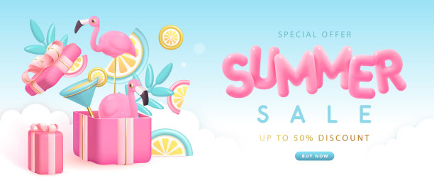 夏季大销售印刷海报与3d塑料文字，火烈鸟和礼盒。夏天的背景。矢量插图。图片下载