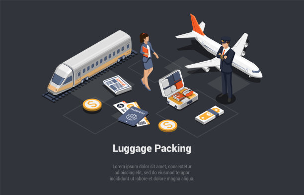 行李包概念。女人收拾行李箱要去旅行。女孩与机长交谈以获取信息，飞行中的服务，乘坐公共交通工具。等距3D矢量插图图片下载