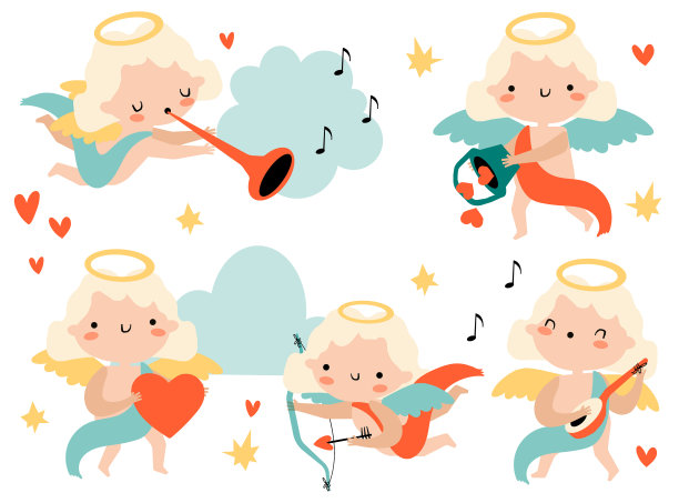 矢量插图的天使与心脏与乐器与篮子与弓图片下载