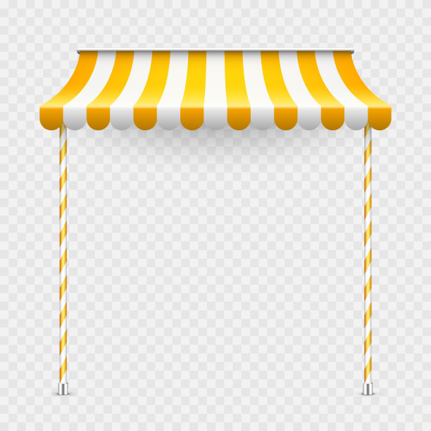 带有支架的黄色商店遮阳伞。逼真的条纹咖啡馆遮阳篷。户外市场帐篷。屋顶树冠。夏日街头商店。矢量图图片下载