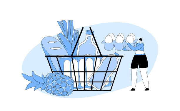 杂货店或超市里的小女性顾客角色，购物篮里的商品抱着鸡蛋包装图片下载