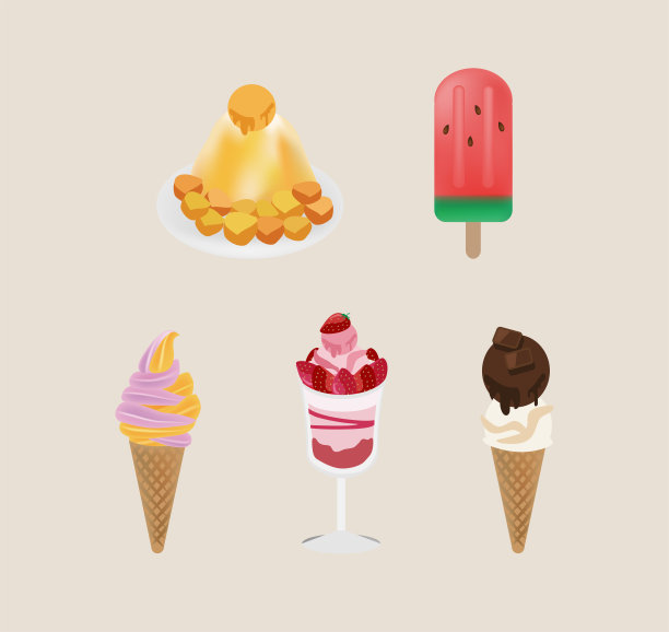 一套五颜六色的美味冰淇淋图标在不同的口味，杯子和不同的浇头。图片下载