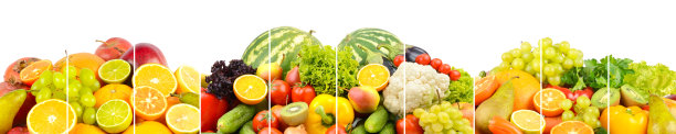 美味新鲜的蔬菜、水果、蔬菜用竖线隔开。孤立在白色上。图片下载