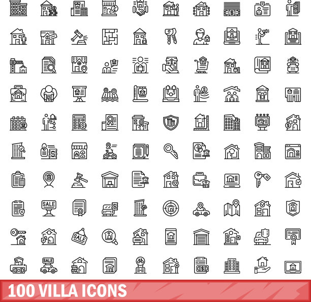 100个别墅图标设定轮廓风格图片下载