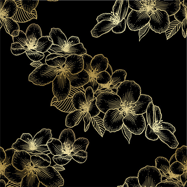 金色无缝花卉图案，植物矢量背景插图图片下载