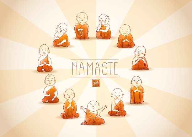 穿着橙色长袍的可爱和尚围成一圈。传统的东方水墨画，墨画，墨画。插图与日本神纪佐。图片下载