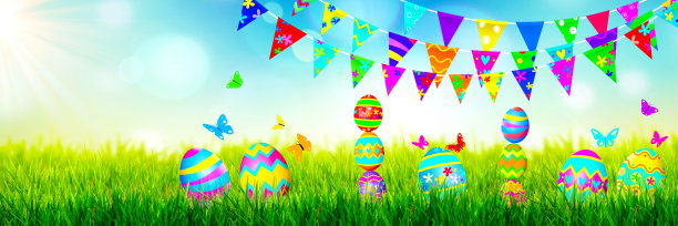 美丽的复活节背景与丰富多彩的复活节彩蛋。三维演示图片下载