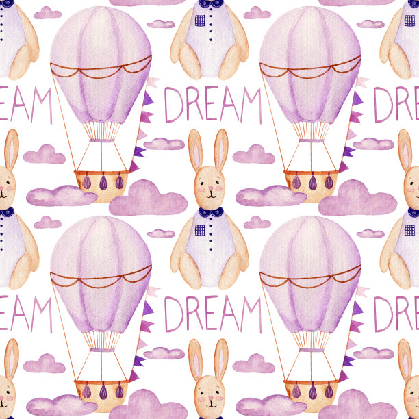 水彩图案，气球，兔子，云和简单的文字在紫色的白色背景。图片下载