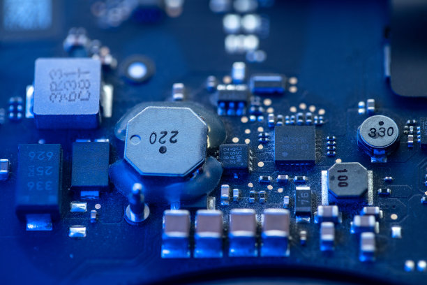 一个电脑电路板，微芯片和其他元素与柔和的蓝色霓虹灯的特写图片下载