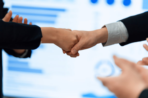 商务会议成功后，员工们握手表示和谐。图片下载