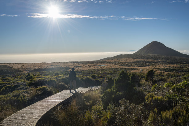 背光图片，一个背包客徒步旅行的波阿凯电路在木板路上，太阳星在蓝色的天空闪烁。tarnaki。图片下载