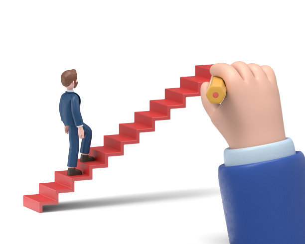 3D插图的微笑大胡子美国商人鲍勃正在攀登职业阶梯。用手画楼梯。业务发展的概念。白色背景上的3D渲染。图片下载