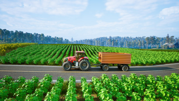 拖拉机在农田里工作。三维渲染图片下载