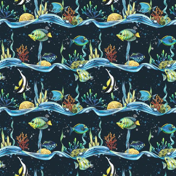 海浪、珊瑚、藻类和气泡中的热带鱼水彩插画无缝图案，适用于织物、纺织品、印花、墙纸、儿童房、服装和沙滩配饰图片下载