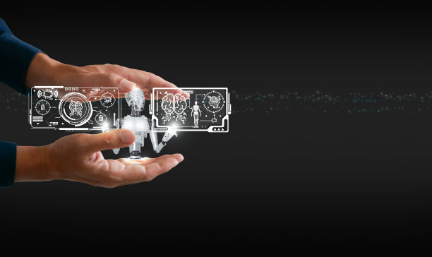 一个商人的手使用或持有一个数字学习人工智能。人工智能技术，深度和机器学习概念。图片下载