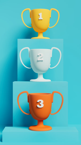 金，银和野马奖杯垂直对齐，胜利的概念，3d渲染，垂直位置，蓝色背景图片下载