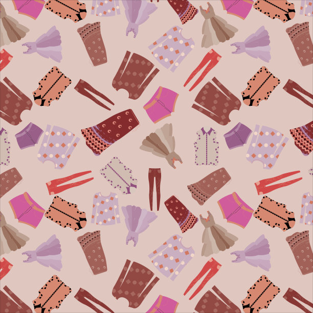 无缝图案的女装服装时尚，漂亮迷人的裙子，连衣裙，运动衫，牛仔裤裤子，短裤，衬衫上苍白的山茱萸背景。纺织设计、墙纸、海报、广告。图片下载