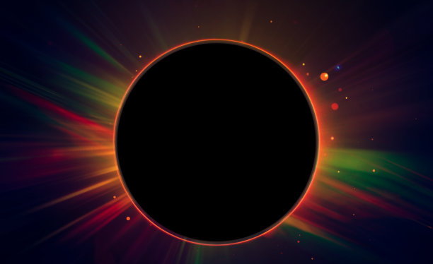 抽象的黑色背景与金色辉光和彩色线条后面的黑色球体图片下载