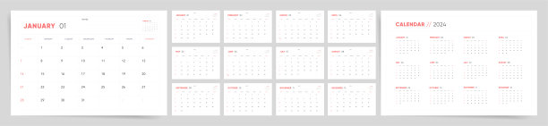 2024年日历模板设计。一周从办公室日历的周日开始。桌面规划简单干净的风格。公司或商业日历。英文矢量日历布局。图片下载