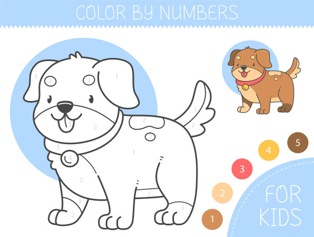 颜色由数字着色页的孩子与狗。填色书与可爱的卡通小狗与着色的例子。单色和彩色版本图片下载