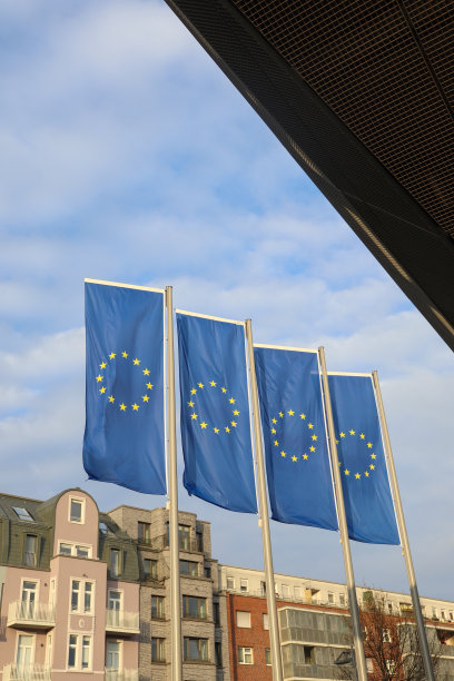 以建筑物和蓝天为背景的四面欧盟旗帜图片下载