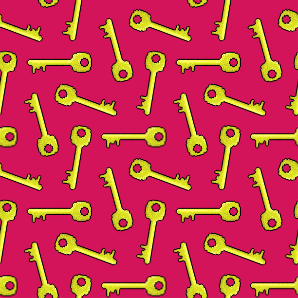 粉色背景上孤立的黄色像素小键。可爱的无缝图案。矢量简单平面图形说明。纹理。图片下载