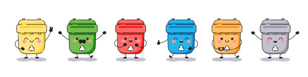 一套五颜六色的垃圾桶吉祥物的脸和微笑。可爱的卡通垃圾桶收集。图片下载