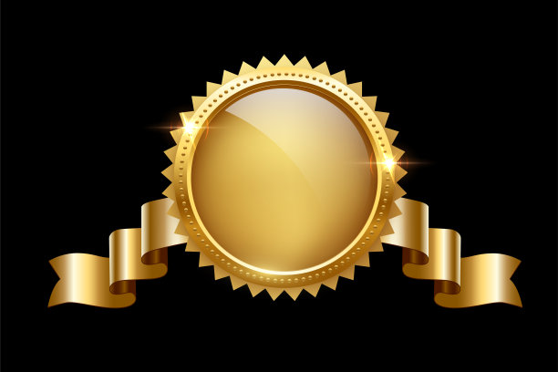 金圈框架和丝带与闪耀的光效果矢量插图。逼真的3d金色圆形戒指，内表面有镜子，黑色背景上有珍贵的豪华奖徽图片下载