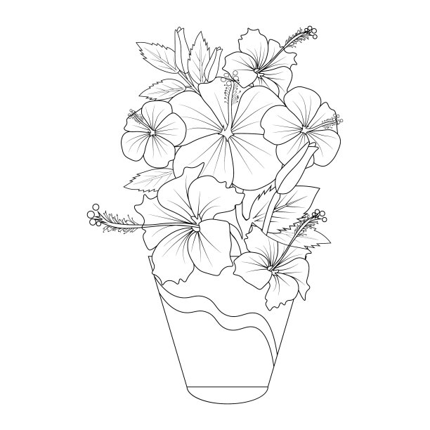 素描轮廓芙蓉花着色书手绘矢量插图艺术雕刻水墨艺术花莎朗花孤立在白色背景剪贴艺术，主题花芙蓉着色页。图片下载