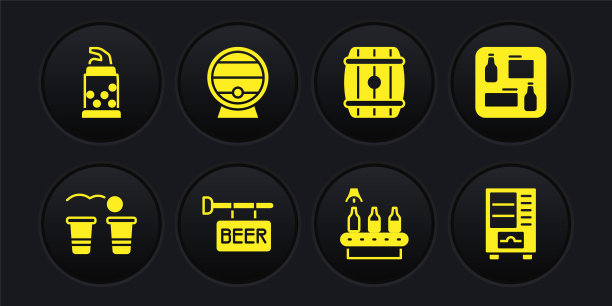 集啤酒乒乓游戏，菜单，街头招牌，传送带，啤酒，木桶，架子，自动售货机和开瓶器图标。向量图片下载