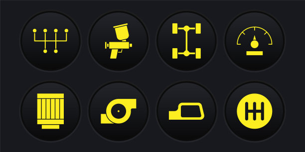 设置汽车空气过滤器，速度计，汽车涡轮增压器，镜子，底盘汽车，喷漆枪，换挡器和图标。向量图片下载