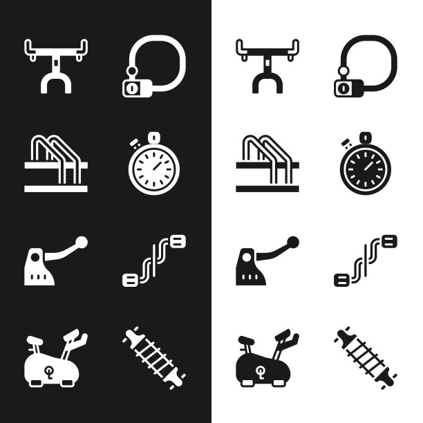 设置秒表，自行车停车，车把，锁，刹车，踏板，悬挂和固定自行车图标。向量图片下载