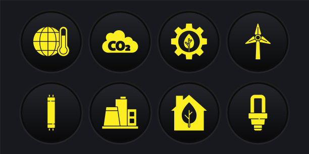 集荧光灯、风力发电机、工厂、环保屋、叶片植物齿轮机、二氧化碳排放云、LED灯泡和全球变暖图标。向量图片下载