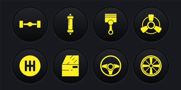 设置换挡，汽车电机通风机，车门，方向盘，发动机活塞，减震器，合金和底盘汽车图标。向量图片下载