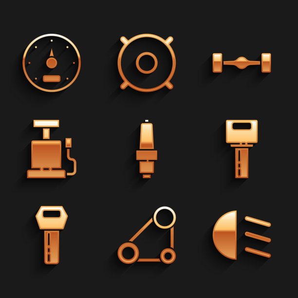 设置汽车火花塞，同步带套件，远光灯，钥匙与遥控器，气泵，底盘汽车和速度计图标。向量图片下载