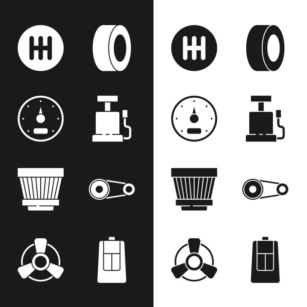 设置汽车气泵，速度计，换挡器，轮胎，过滤器，同步带套件，钥匙与遥控器和电机通风机图标。向量图片下载