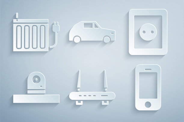 设置路由器和wi-fi信号，电源插座，安全摄像头，智能手机，汽车和暖气散热器图标。向量图片下载