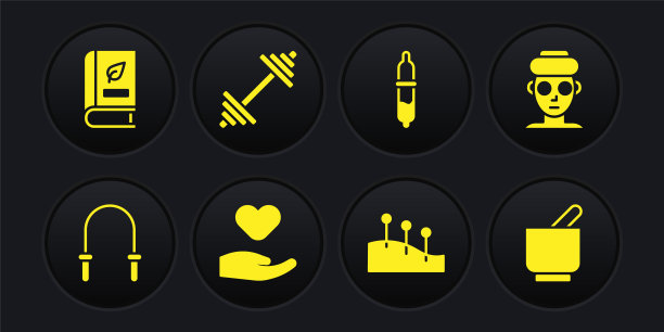 设置跳绳，面部美容面膜，心脏在手，针灸疗法，移液管，哑铃，研钵杵和医学书籍图标。向量图片下载